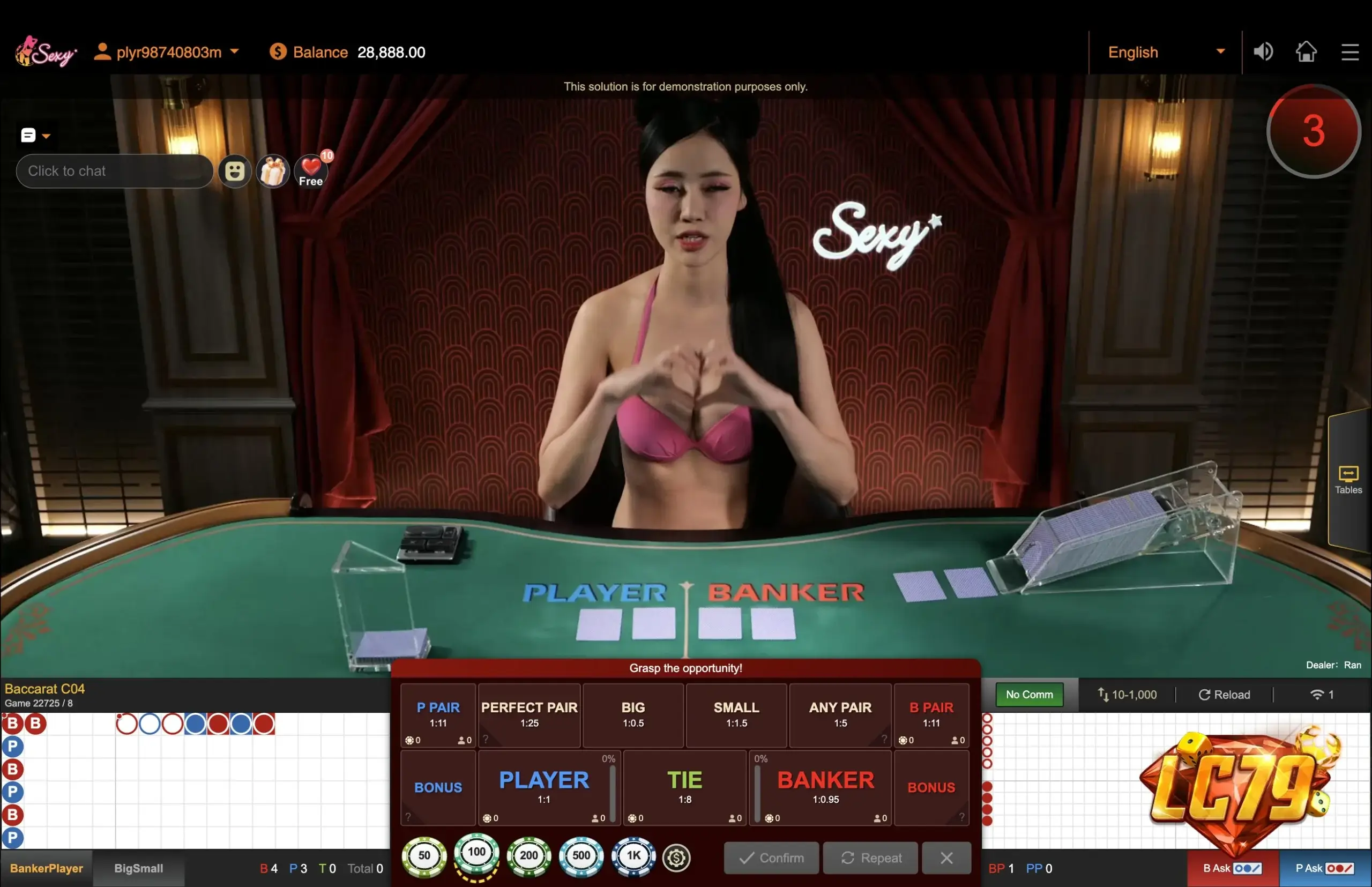 Bàn cược Baccarat Player Banker Tie tại LC79